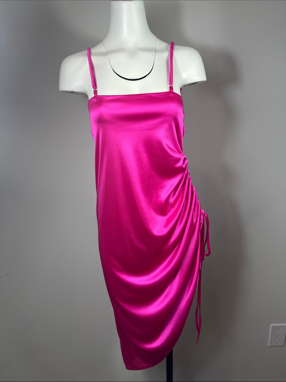 Hot Pink Satin Ruched Slip Dress